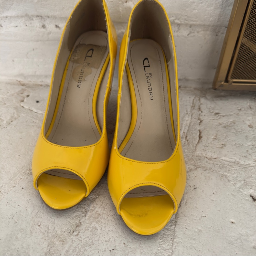 CL by Laundry Bright Yellow Peep Toe Wedge Heels Cork